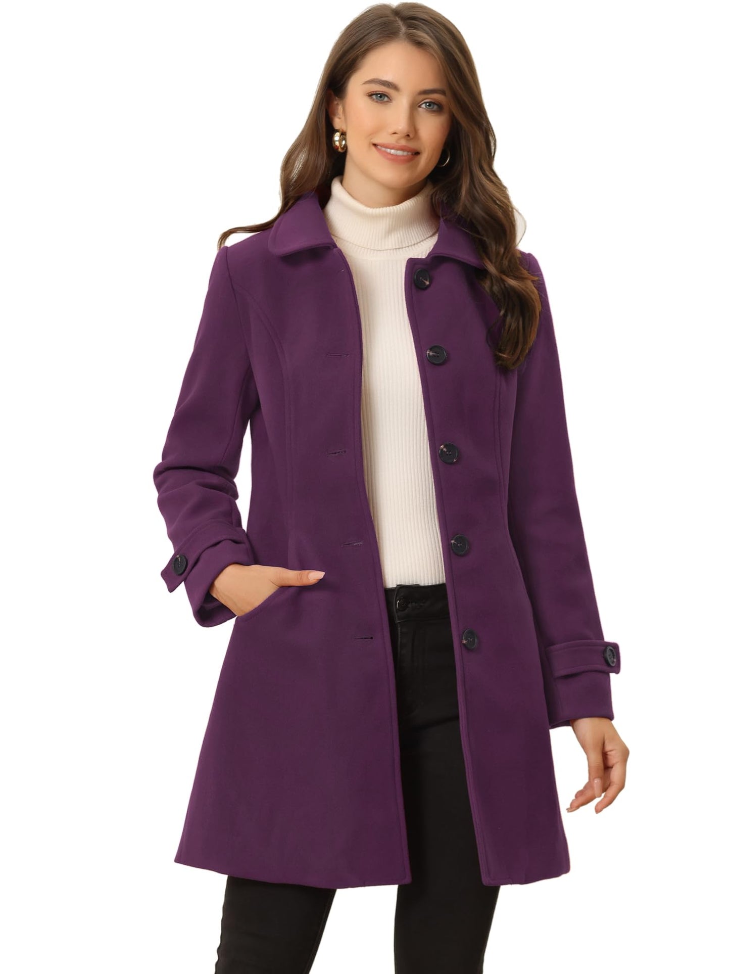 Allegra K Damen Winter Oberbekleidung Mantel Peter Pan Kragen Mitte Oberschenkel A-Linie Einreihig Pea Coat