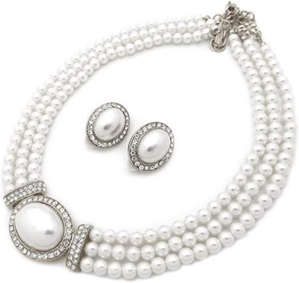 Christina Collection Elegant Layered Strands White Simulated-Pearl Crystal Silver Necklace Clip on Earrings Set Gift Bijoux (White)