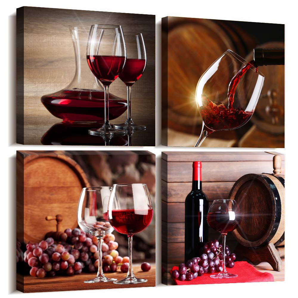 TTHYUEWS Canvas Wall Art For Kitchen Dining Room Wall Decor Wine Glass Wall Painting Still Life Wine Fruit Goblet Frame Wall Pictures Prints Artwork Bar Restaurant Decoration Home Decor 4 Piece Set