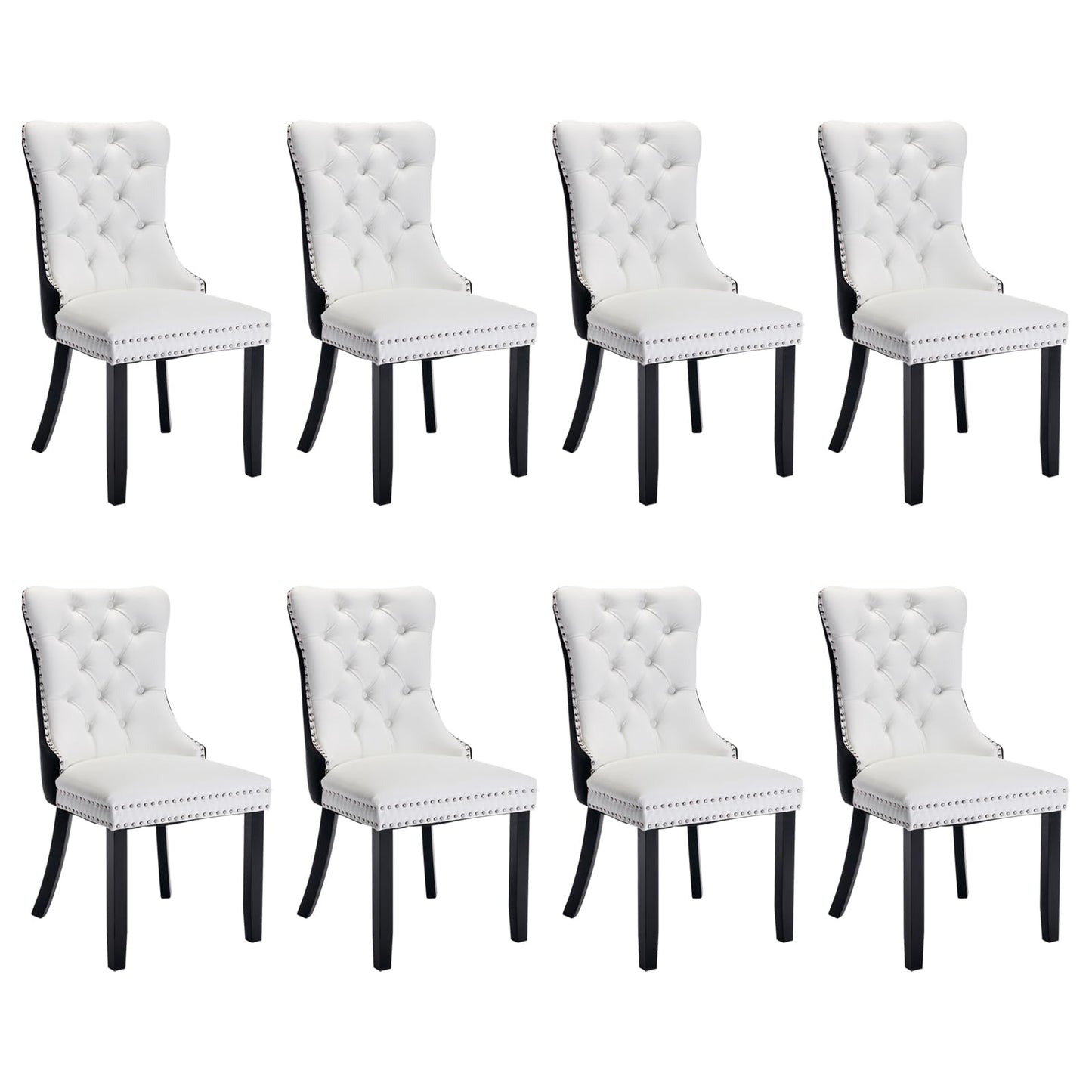 SoarFlash Leather Dining Chairs Set of 8, Tall Back Side Chair, Modern Upholstered Side Chair with Button Back Ring, Solid Wood Legs (Black&Grey)