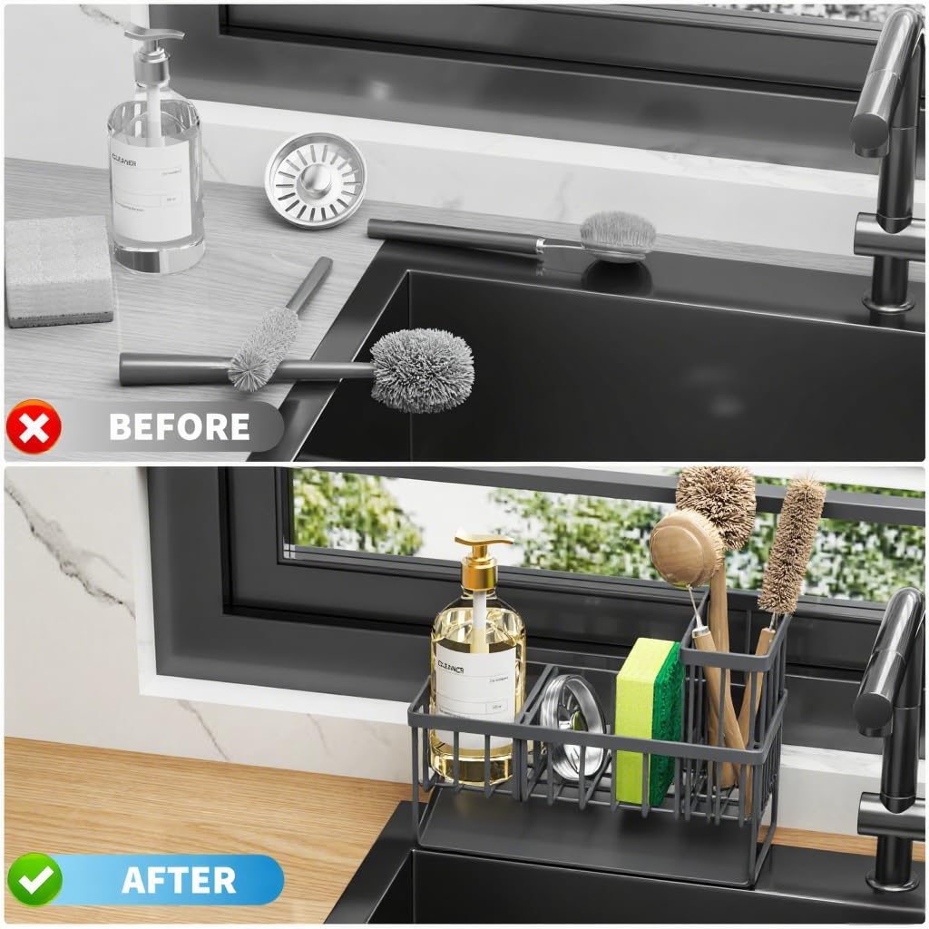 Kitchen Sink Caddy Organzier with High Brush Holder, Sponge Holder for Sink, 304 Rustproof Stainless, Kitchen Countertop Soap Dispenser Organizer, Kitchen Decor and Accessories