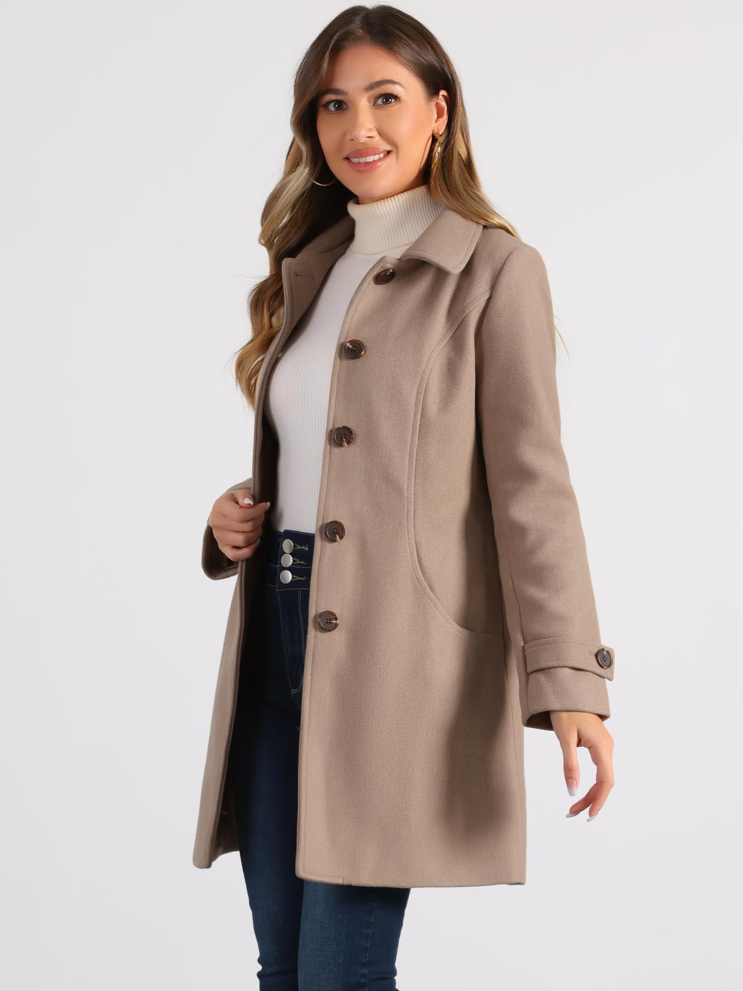 Allegra K Damen Winter Oberbekleidung Mantel Peter Pan Kragen Mitte Oberschenkel A-Linie Einreihig Pea Coat