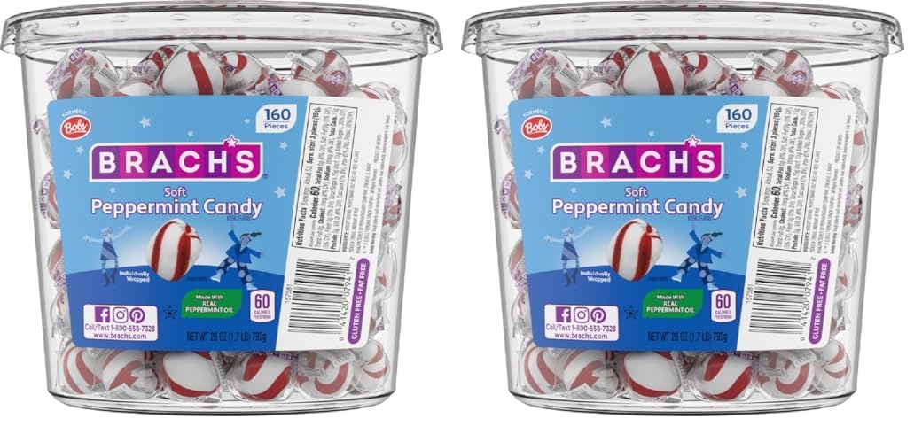 Brach's Bobs Sweet Stripes Soft Peppermint Candy, Individually Wrapped Pieces, 3.9 lb Tub (350 Count)