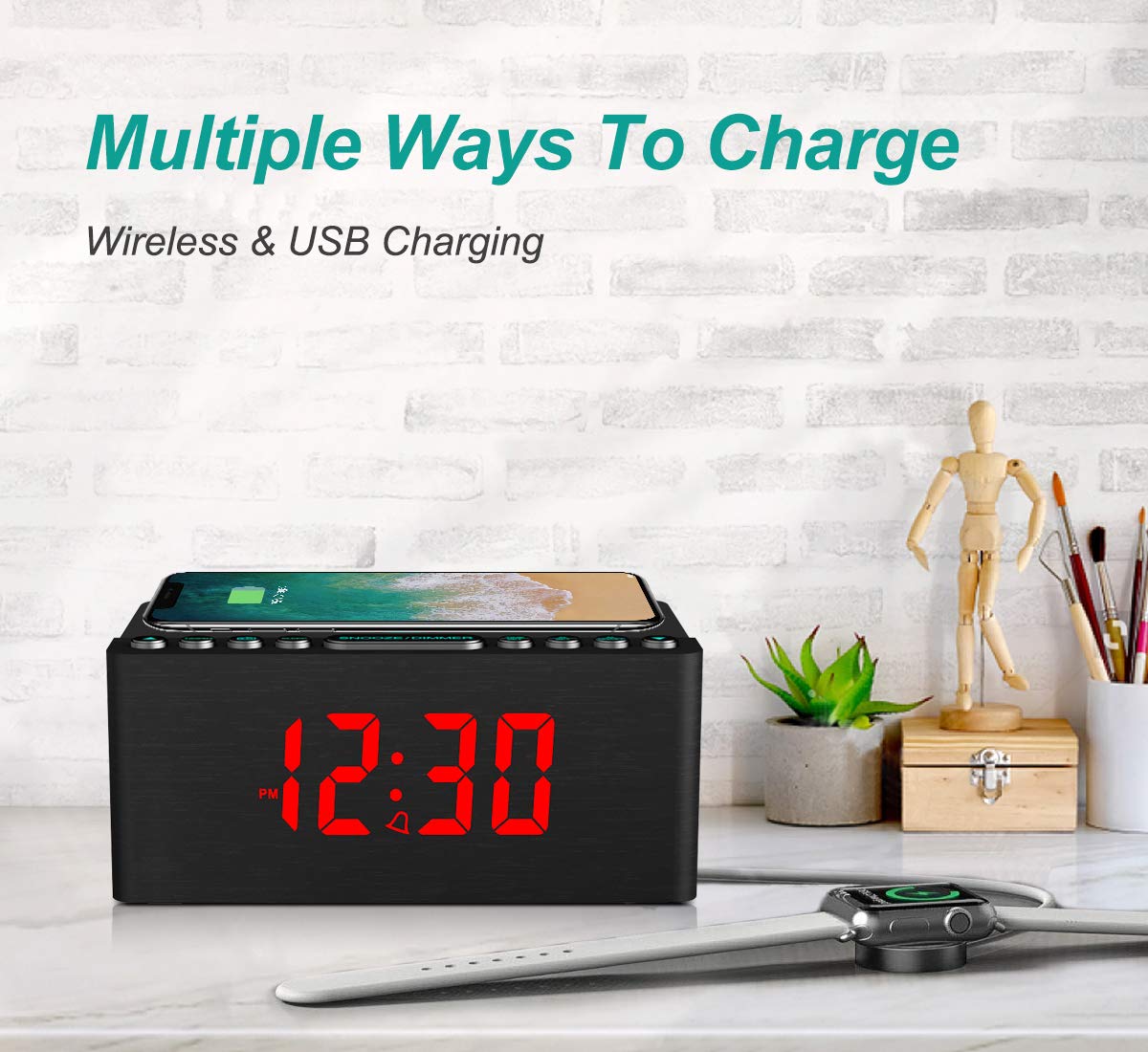 Digital Alarm Clock with FM Radio & Wireless Charging – Qi-Certified, LED Display, USB Port, Sleep Timer