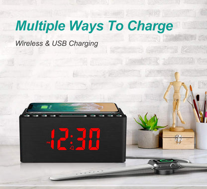 Digital Alarm Clock with FM Radio & Wireless Charging – Qi-Certified, LED Display, USB Port, Sleep Timer