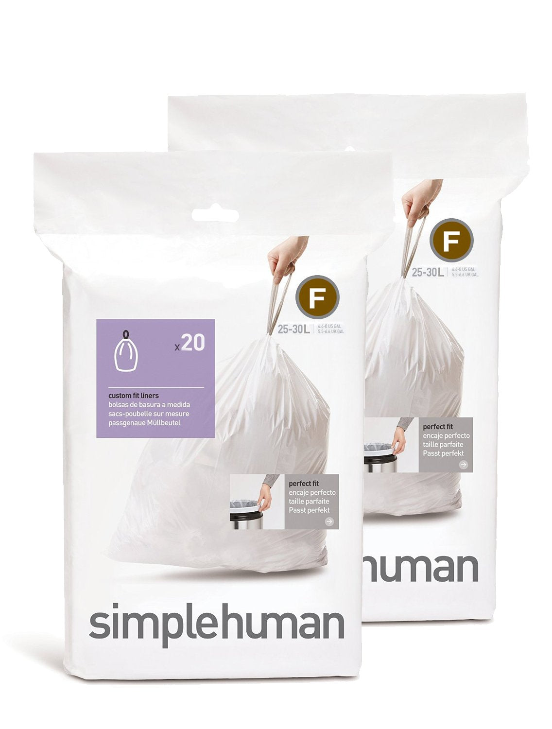 simplehuman Code H 60 Count, Genuine Custom Fit Liners, Drawstring Trash Bags in Dispenser Packs, 30-35 Liter / 8-9.2 Gallon, White