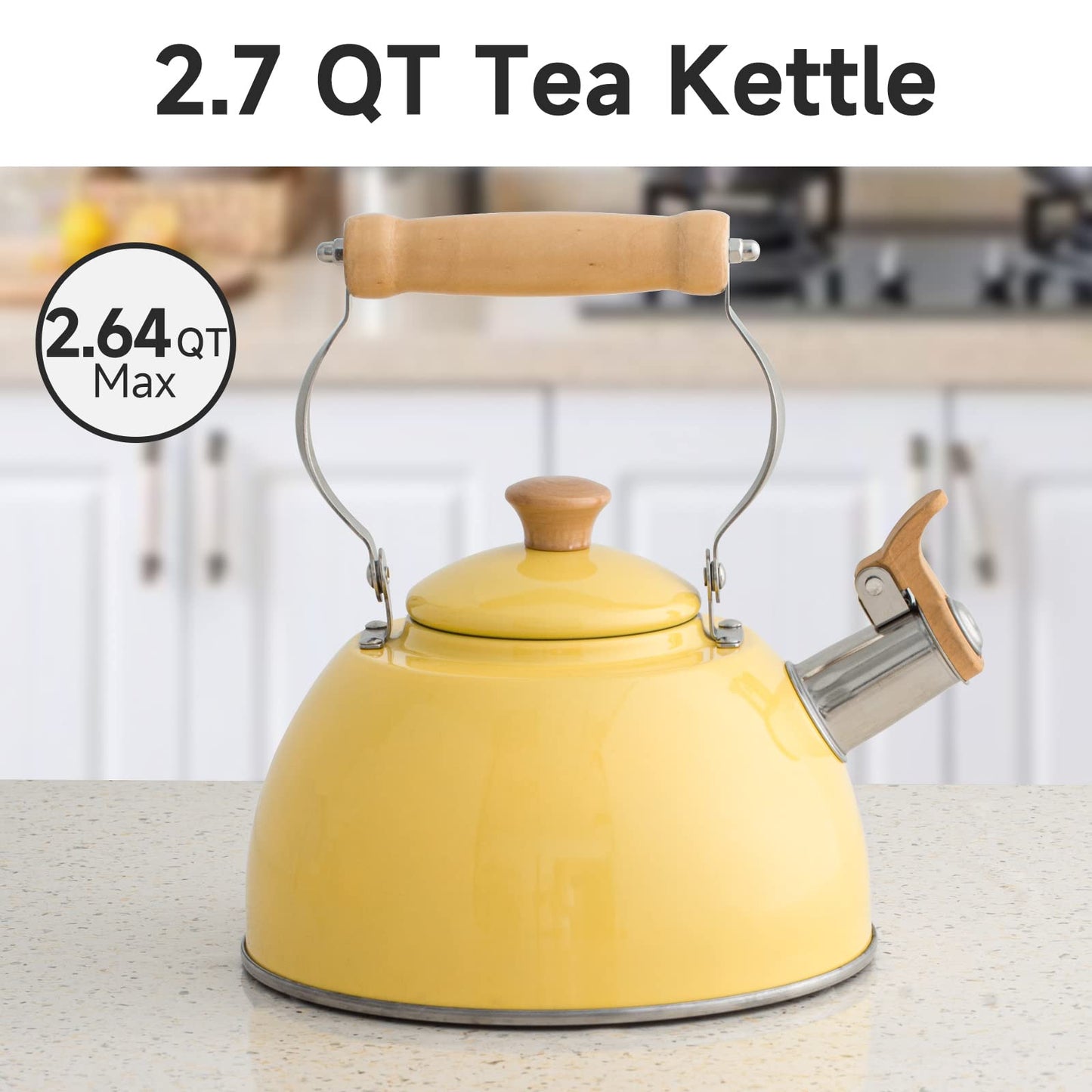 ROCKURWOK Tea Kettle, Tea Pot with Cool Touch Ergonomic Handle, Tea Kettle Food Grade Stainless Steel, Tea Kettle Stovetop, Kettle Teapot, Whistling Tea Kettle, Small Tea Kettle, 1.6 Quart (Yellow)