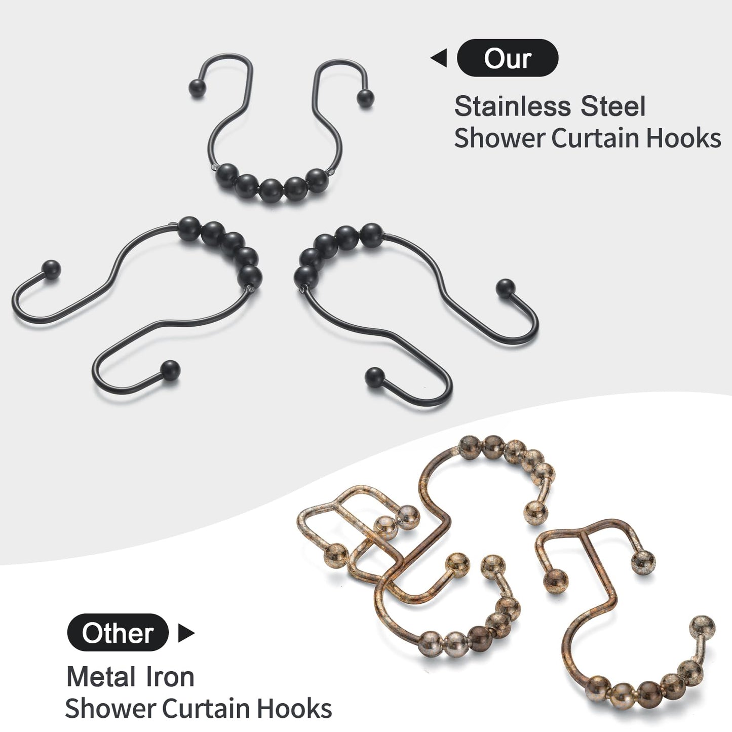 Goowin Shower Curtain Hooks, 12 Pcs Shower Curtain Rings, Stainless Steel Bronze Shower Curtain Hooks Rings Rust Proof, Balance Sliding Anti-Drop Double Shower Hooks for Shower Curtain Rod (Bronze)