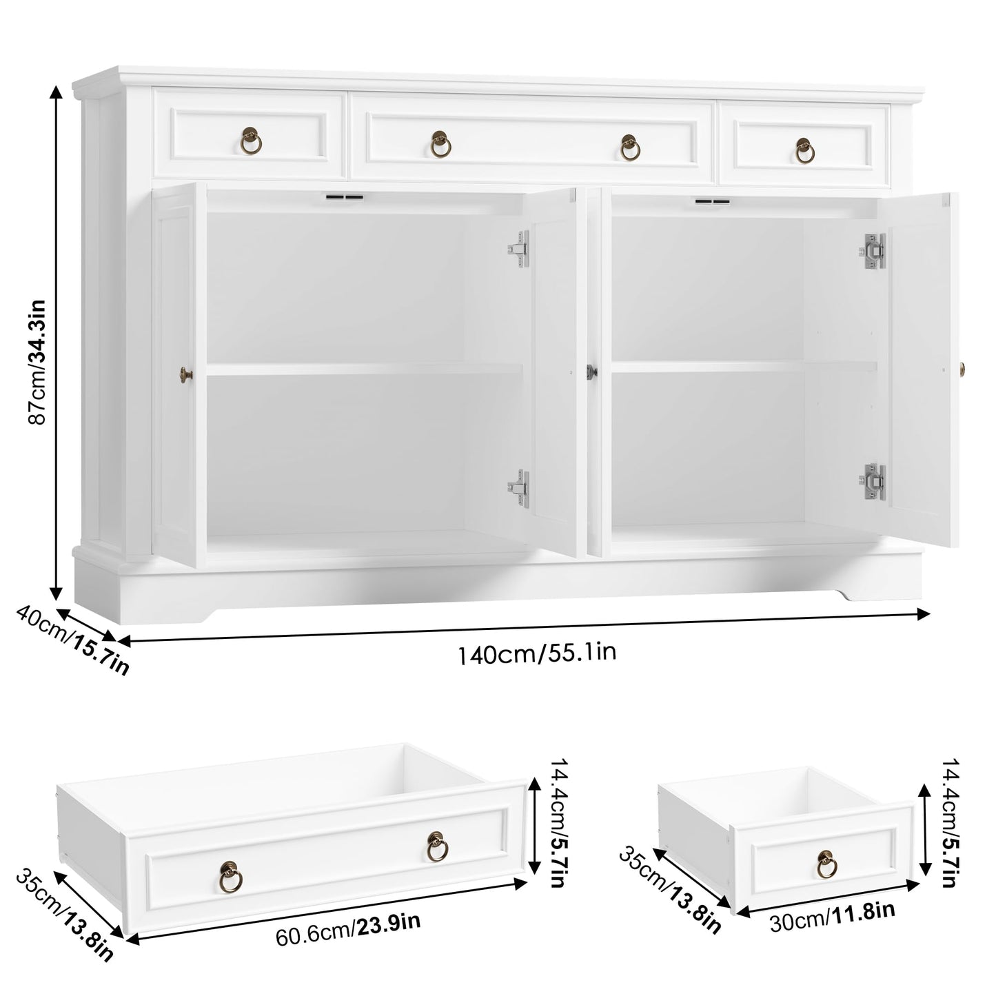 Buffet FINETONES avec rangement, grand buffet de 55,1 po, armoire de cuisine blanche avec 3 tiroirs et 4 portes, armoire de bar à café en bois pour cuisine et salle à manger, blanc 