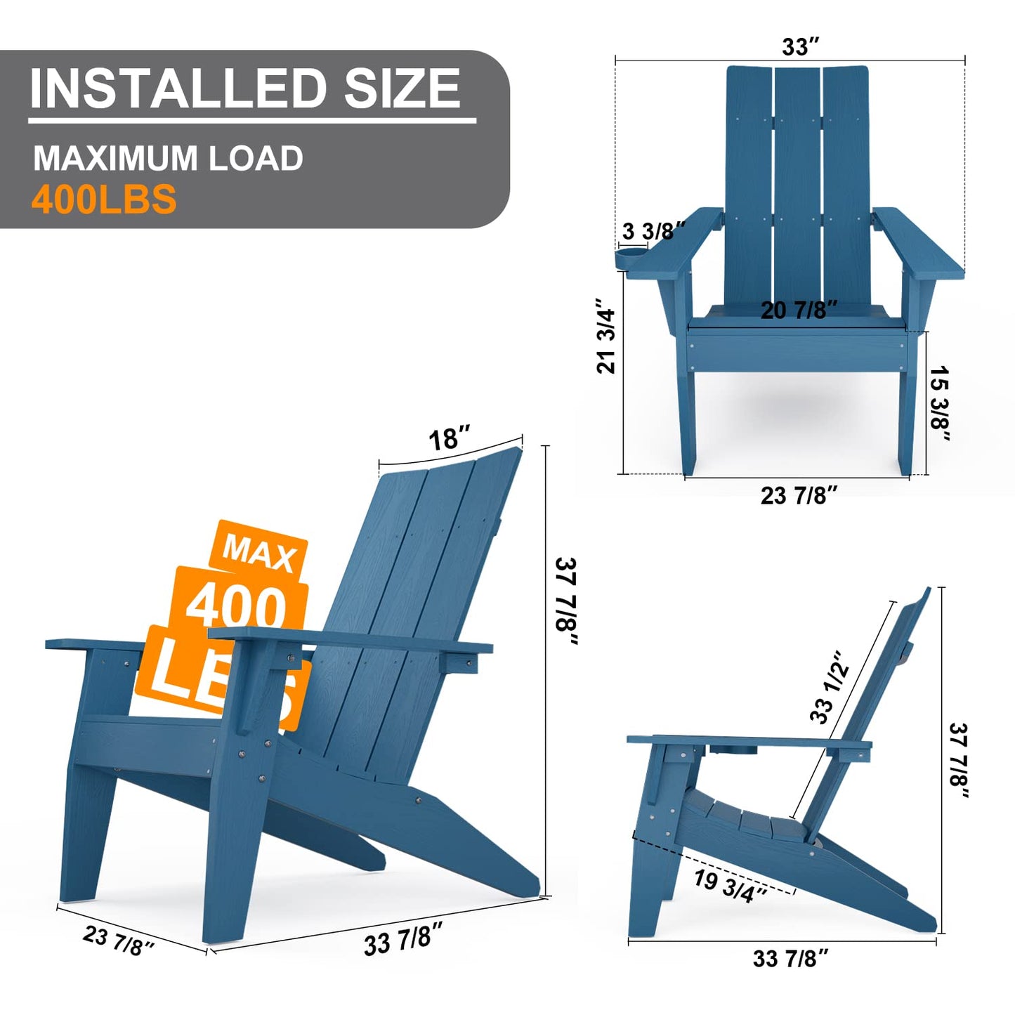 MXIMU Moderne Adirondack-Stühle, 4er-Set, wetterbeständig, mit Getränkehalter, übergroße Feuerstellenstühle aus Kunststoff, Kunststoff-Außenstühle für den Sitzbereich an der Feuerstelle (schwarz) 