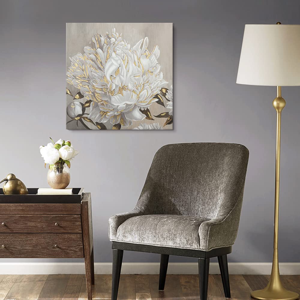 Goldfoilart Décoration murale florale moderne en fleurs blanches avec peintures en feuille d'or, œuvres d'art encadrées pour salon, chambre à coucher, cuisine, 61 x 61 cm x 2 pièces 