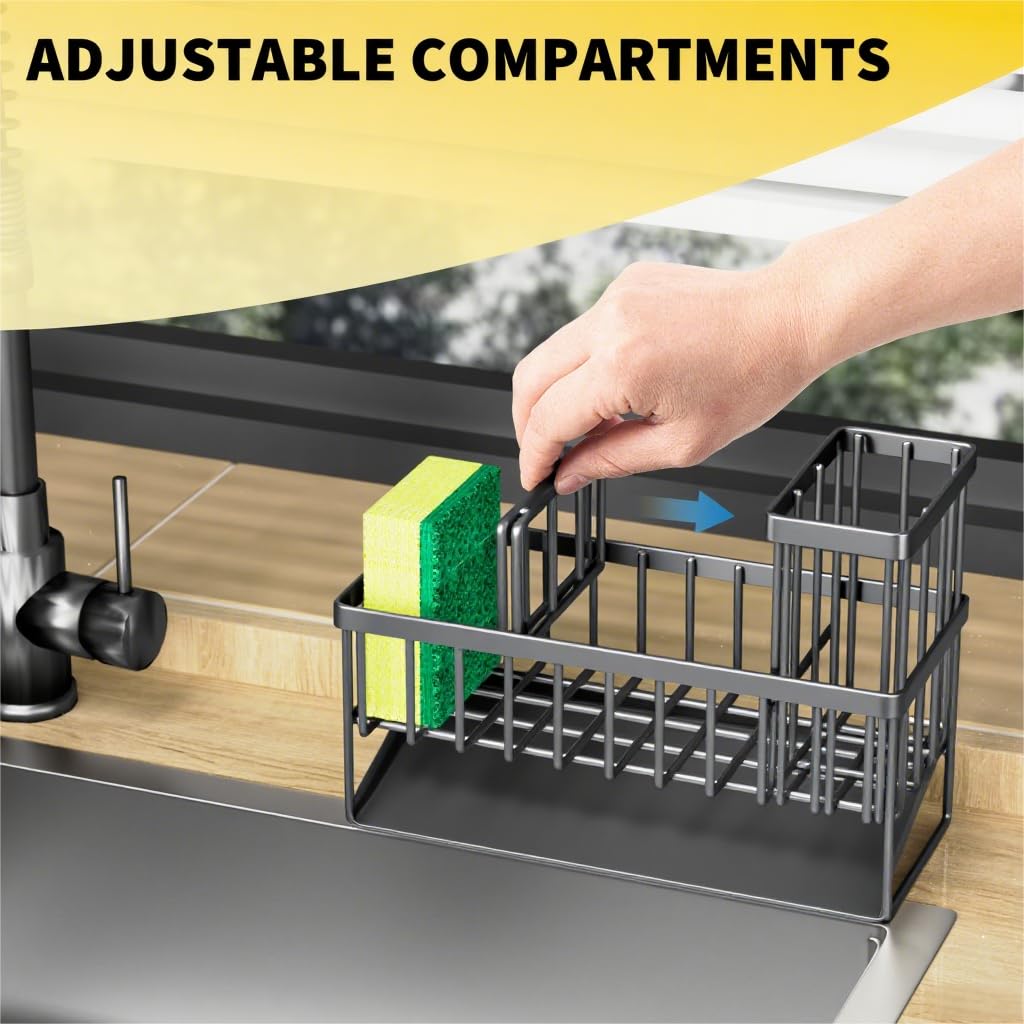 Kitchen Sink Caddy Organzier with High Brush Holder, Sponge Holder for Sink, 304 Rustproof Stainless, Kitchen Countertop Soap Dispenser Organizer, Kitchen Decor and Accessories