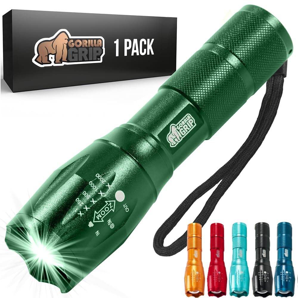 Gorilla Grip Powerful LED 750 FT Water Resistant 5 Adjustable Mode Tactical Flashlight, High Lumens Ultra Bright Battery Zoom Flashlights, Small Camping Car Mini Flash Light Accessories, 2 Pack Gold