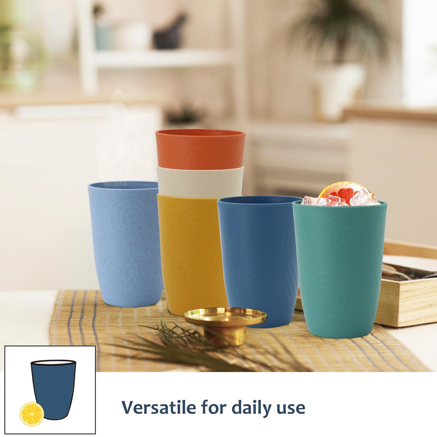 Homienly Wheat Straw Cups Plastic Cups Unbreakable Drinking Cup Reusable Dishwasher Safe Water Glasses Plastic Stackable Water Tumblers in Multi color(20 OZ 8 PCS)