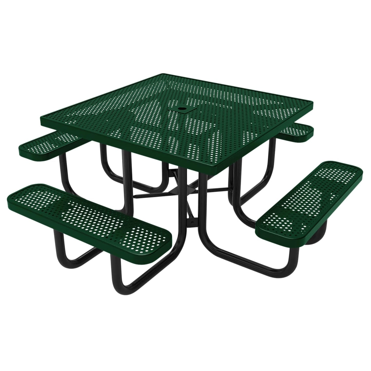 Coated Outdoor Furniture Heavy-Duty Portable Outdoor Picnic Table with Umbrella Hole, Expanded Metal Commercial-Grade Patio Dining Furniture Made in America (46" Square Top, Green)