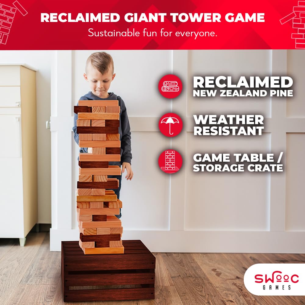 SWOOC Games - Reclaimed Giant Tower Game (Weather Resistant) 60 Blocks + Storage Crate/Outdoor Game Table | Stacks up to 5ft | Giant Outdoor Games for Adults | Large Yard Games | Jumbo Lawn Games