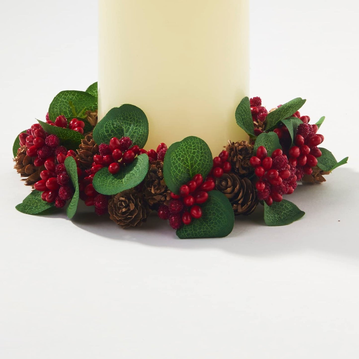 LampLust Christmas Candle Rings Wreaths, Set of 3, Mini Wreath with Mini Pine Cones & Red Berries, Fits 3 Inch Pillar Candles, Candle Rings for Pillars, Christmas Table Decor, Holiday Decorations