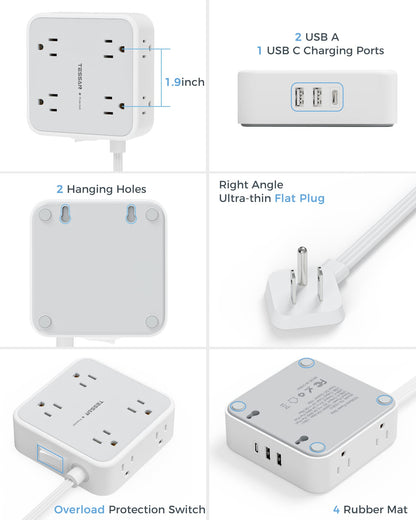Surge Protector Flat Extension Cord Flat Plug Power Strip, 8 AC Outlets, 3 USB Charger(1 USB C Port) 3-Sided Outlet Extender, 5 Ft, 900 Joules Protection