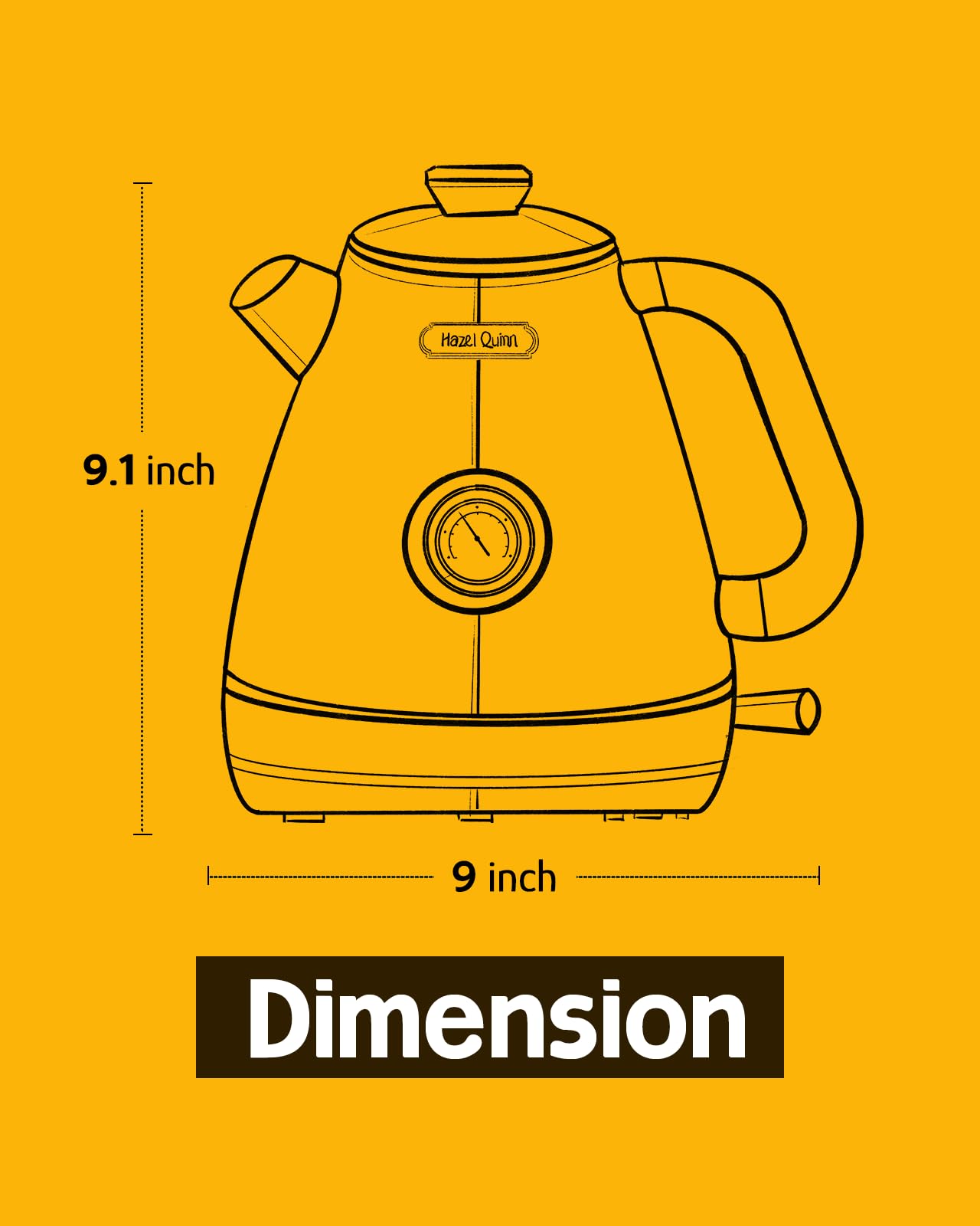 Hazel Quinn Retro Electric Kettle - 1.7 Liters / 57.5 Ounces Tea Kettle with Thermometer, All Stainless Steel, 1200 Watts Fast Boiling, BPA-free, Cordless, Automatic Shut Off.