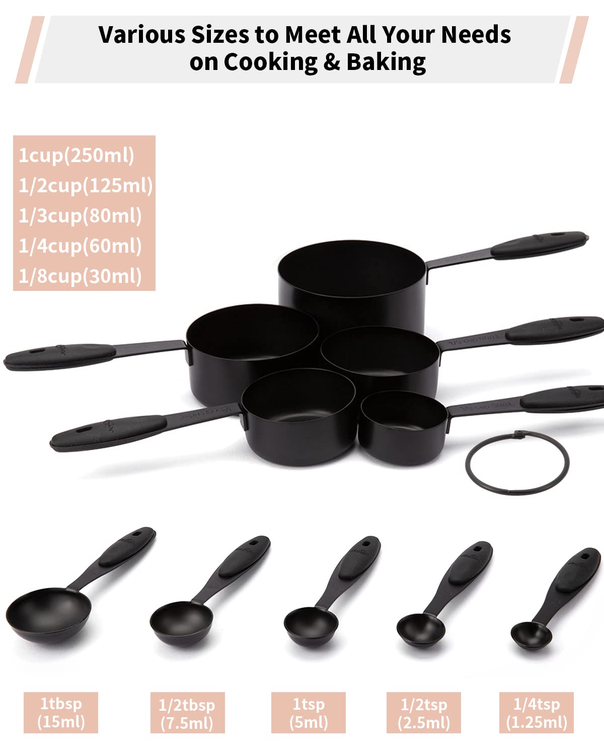 Joyhill Messbecher und -löffel aus Edelstahl, 10-teiliges Set, ineinander stapelbare Messbecher aus Metall mit Soft-Touch-Silikongriffen für trockene und flüssige Zutaten, Kochen und Backen (schwarz) 