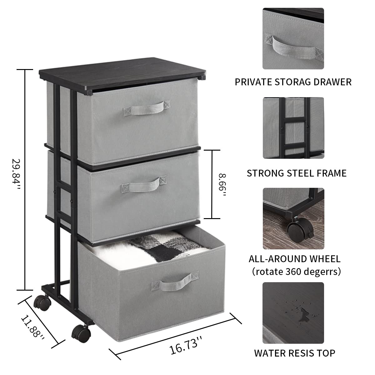 Commode de rangement MAX Houser avec 3 tiroirs, tour de commode en tissu, unité de rangement verticale pour chambre, placard, bureau, noir 