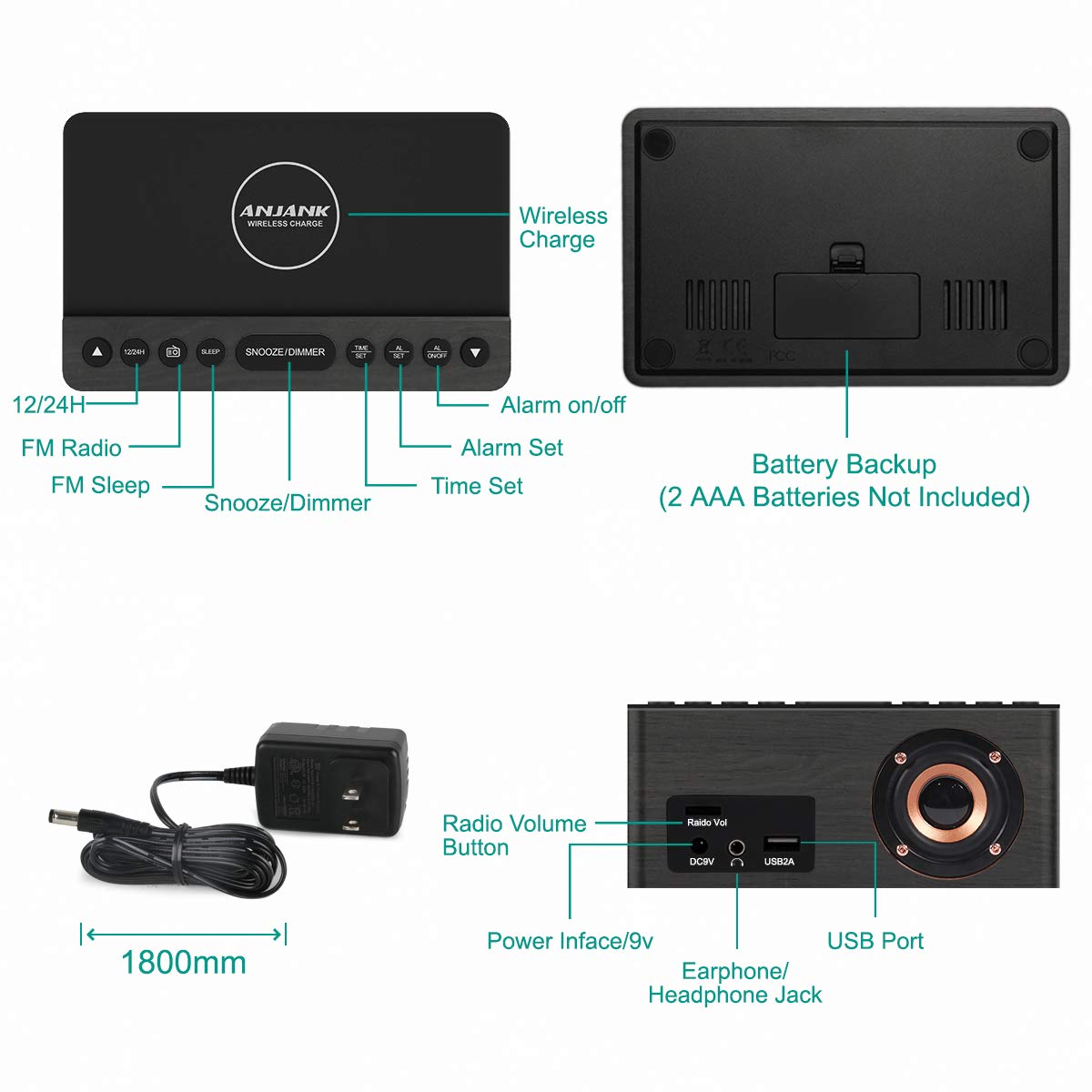 Digital Alarm Clock with FM Radio & Wireless Charging – Qi-Certified, LED Display, USB Port, Sleep Timer
