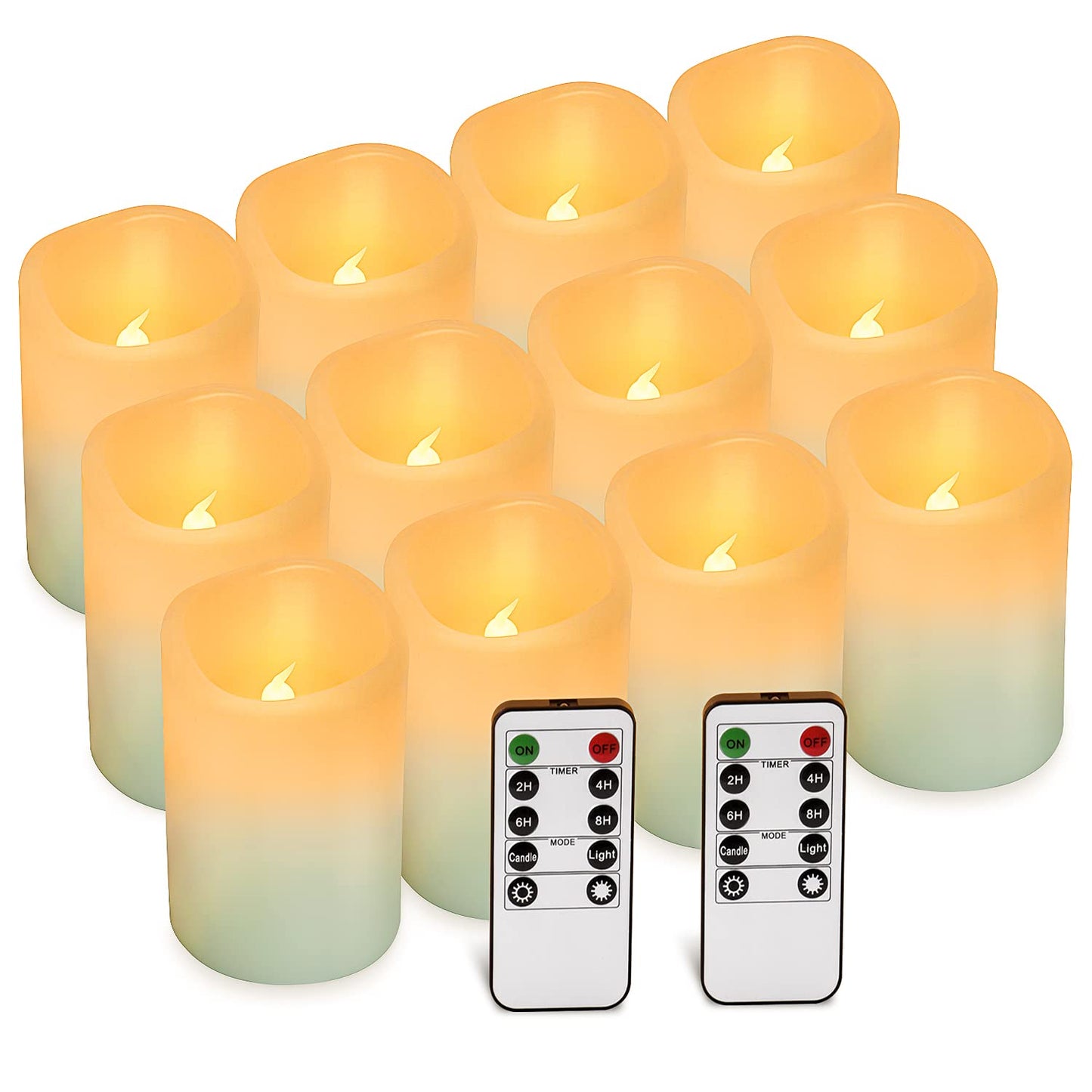 Lot de 12 bougies sans flamme Hausware à piles (D : 3 po x H : 4 po) Bougies piliers en cire véritable vacillantes Bougies LED sans flamme avec télécommande et minuterie (couleur ivoire) 