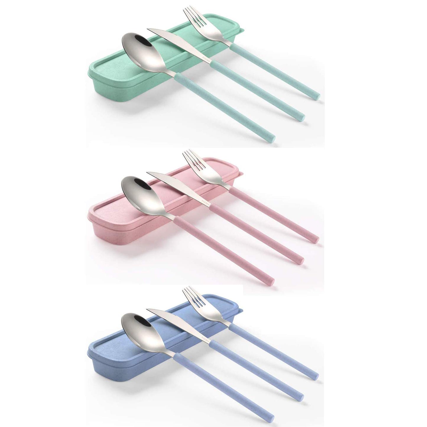 Portable Travel Utensils Set, 18/8 Stainless Steel 3 PCS Cutlery Set Including Knife Fork and Spoon, Reusable Travel Silverware Set with Case for Lunch Box Camping School Office