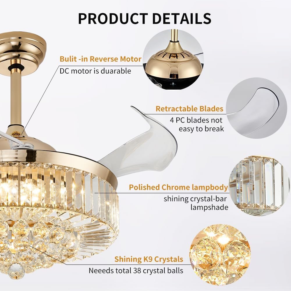 42'' Fandelier Ceiling Fans with Light, Chandelier Ceiling Fan, Retractable Crystal Ceiling Fan for Bedroom, Living Room, 3 Color Change, LED Dimmable, 6 Speeds, Reversible DC Motor-Champagne Gold