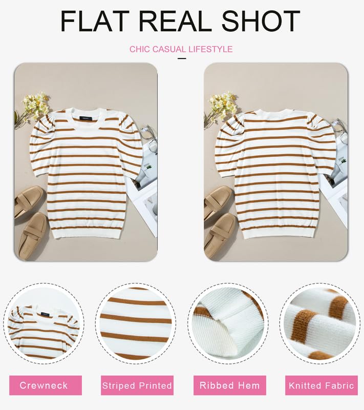 Dokotoo Women's Short Puff Sleeve Knit Tops 2025 Trendy Crewneck Striped T Shirts Casual Summer Blouses