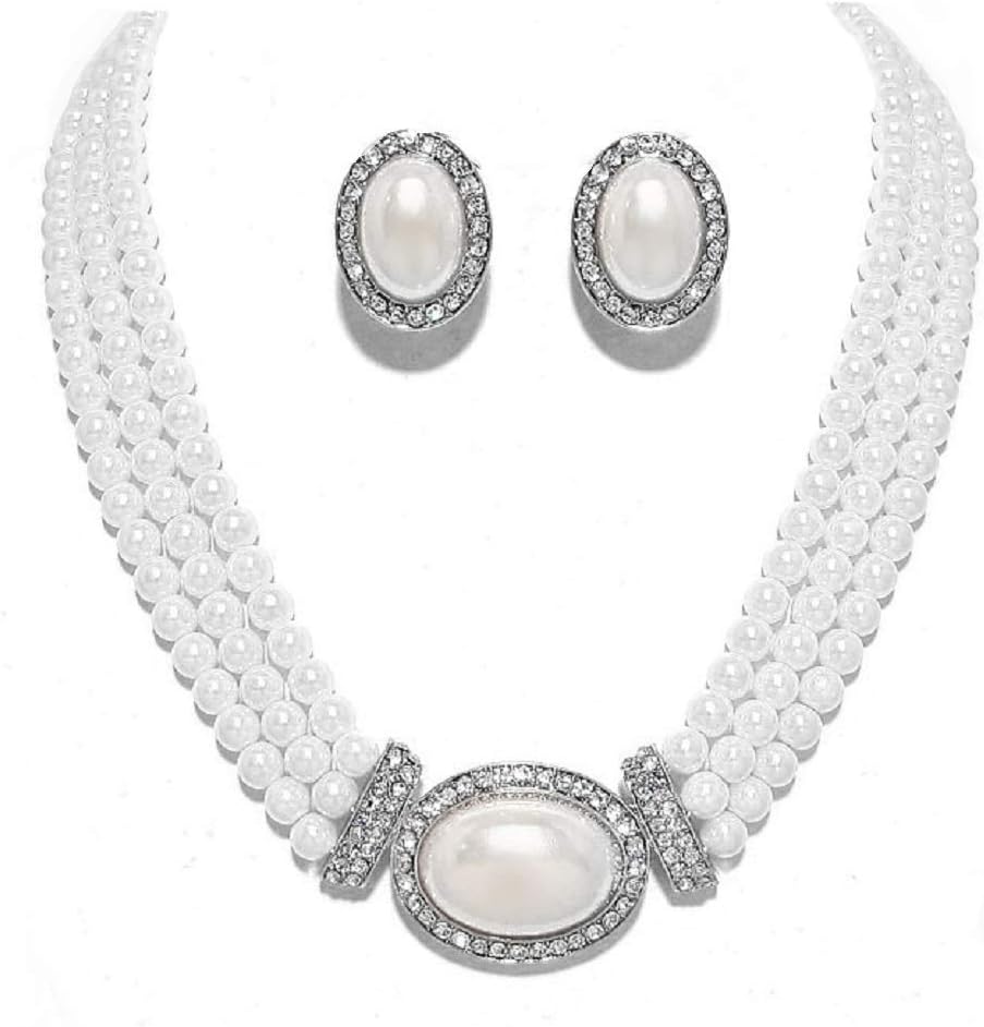 Christina Collection Elegant Layered Strands White Simulated-Pearl Crystal Silver Necklace Clip on Earrings Set Gift Bijoux (White)