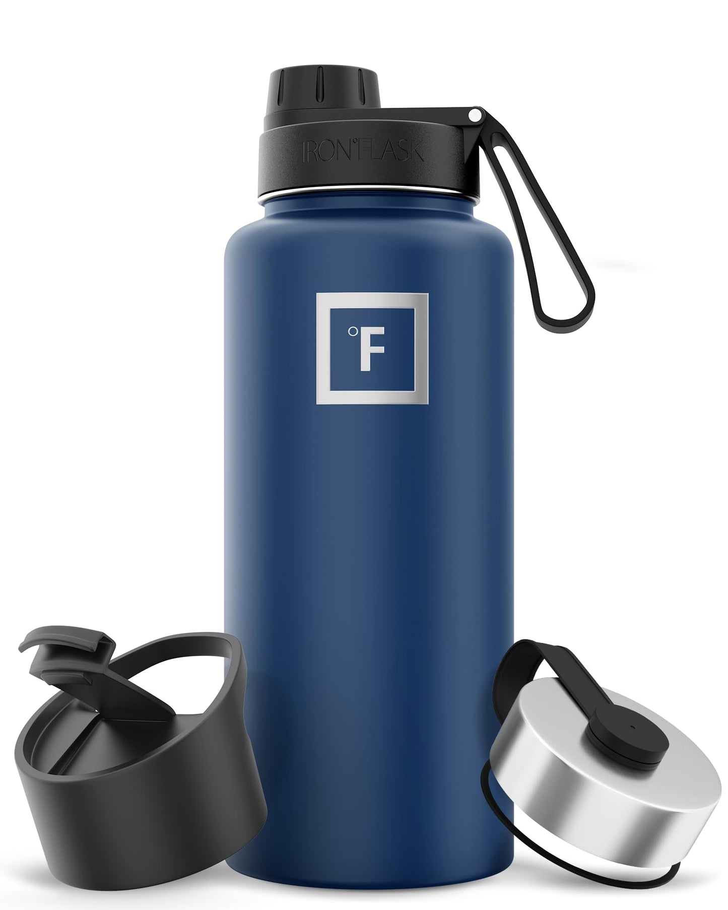 Bouteille d'hydratation de camping et de randonnée IRON °FLASK avec 3 couvercles - Bouteille d'eau en acier inoxydable, à double paroi et isolée sous vide - Anti-fuite et sans BPA (Dark Night, Straw - 32 oz) 