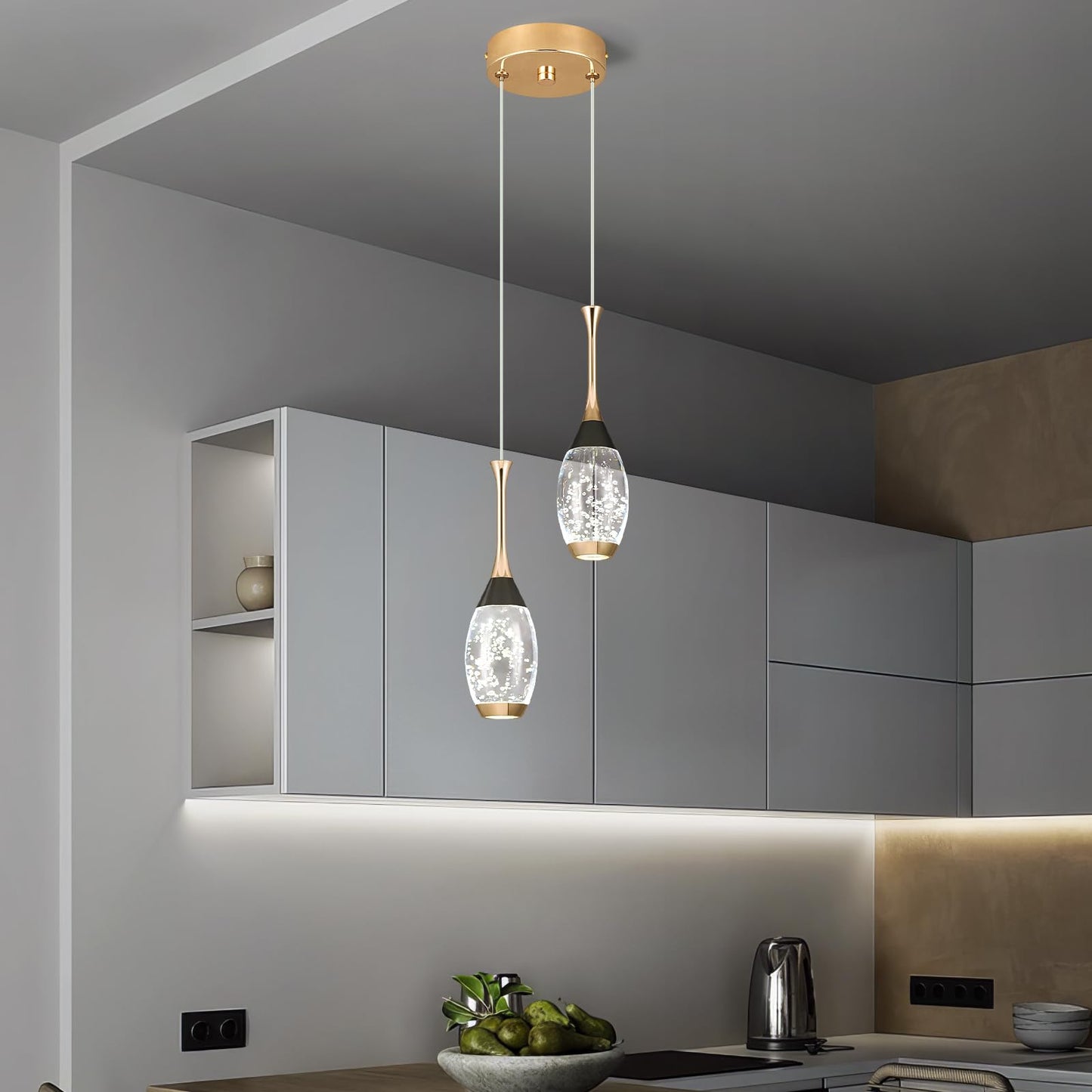 Moderne Pendelleuchte in Schwarzgold, dimmbare LED-Deckenleuchte, Mini-Pendelleuchte in Tropfenform aus Kristall für Kücheninsel, Schlafzimmer, Flur, Eingangsbereich (3er-Pack) 