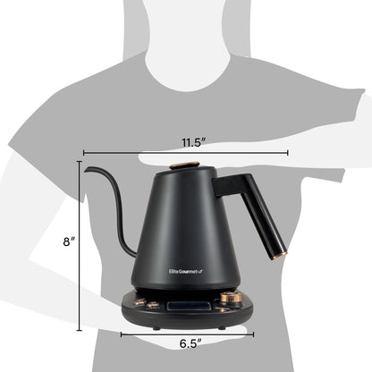 Elite Gourmet 1L Gooseneck Digital Kettle – 13 Temp Settings, Keep Warm, Cordless, Matte Black Copper