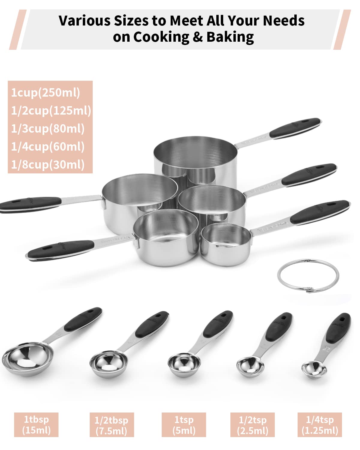 Joyhill Messbecher und -löffel aus Edelstahl, 10-teiliges Set, ineinander stapelbare Messbecher aus Metall mit Soft-Touch-Silikongriffen für trockene und flüssige Zutaten, Kochen und Backen (schwarz) 