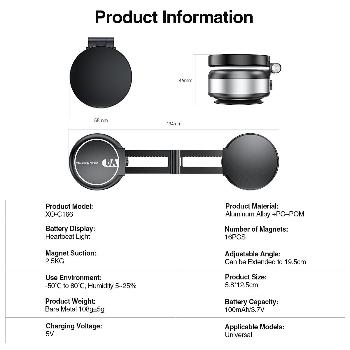 Vacuum Suction Magnetic Car Phone Holder, Adjustable Electric Magnetic Phone Holder Mount for Car, Foldable Strong Suction Car Holder Mount for iPhone16/15/14/13/12,Shower/Car/Mirror(Not Charge Phone)