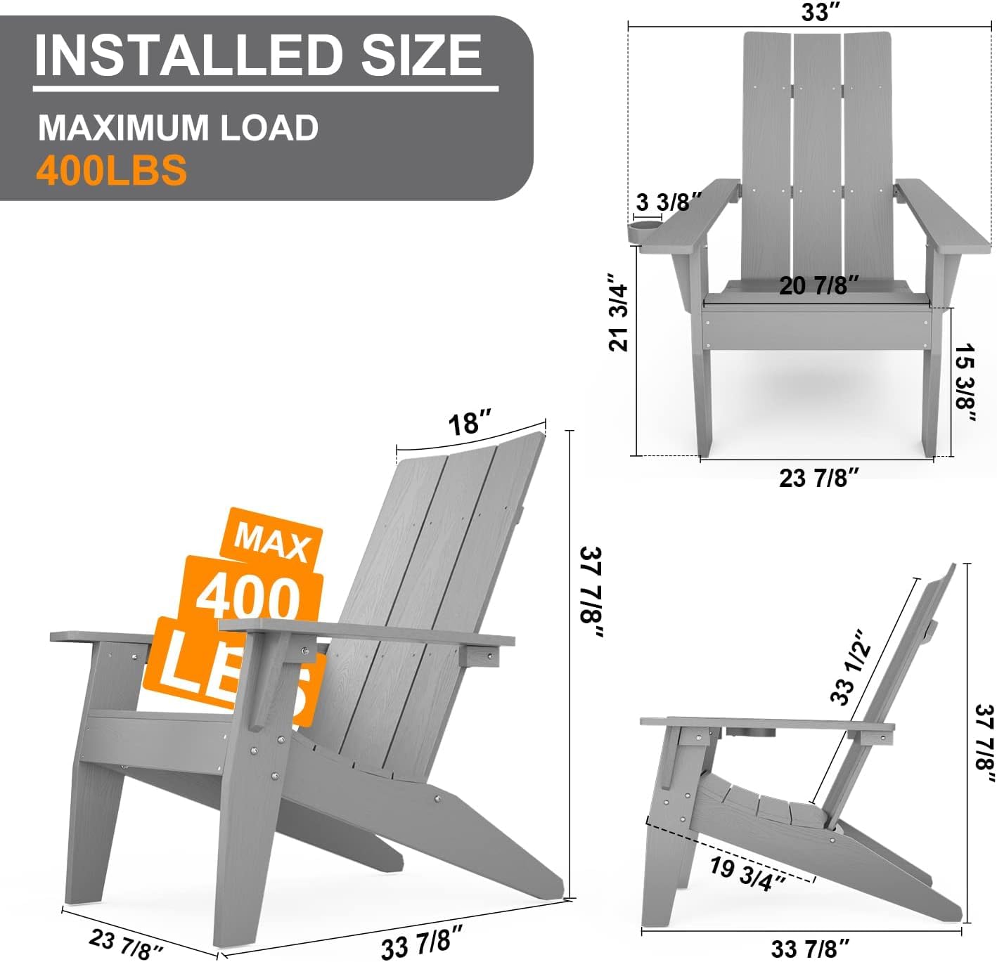 MXIMU Moderne Adirondack-Stühle, 4er-Set, wetterbeständig, mit Getränkehalter, übergroße Feuerstellenstühle aus Kunststoff, Kunststoff-Außenstühle für den Sitzbereich an der Feuerstelle (schwarz) 