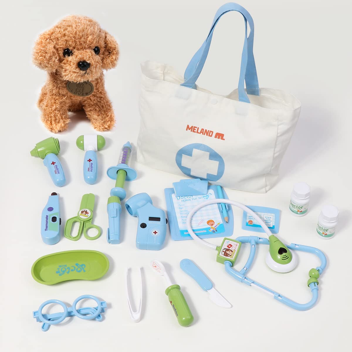 Meland Toy Doctor Kit for Girls - Pretend Play Doctor Set with Dog Toy, Carrying Bag, Stethoscope Toy & Dress Up Costume - Doctor Play Gift for Kids Toddlers Ages 3 4 5 6 Year Old for Role Play