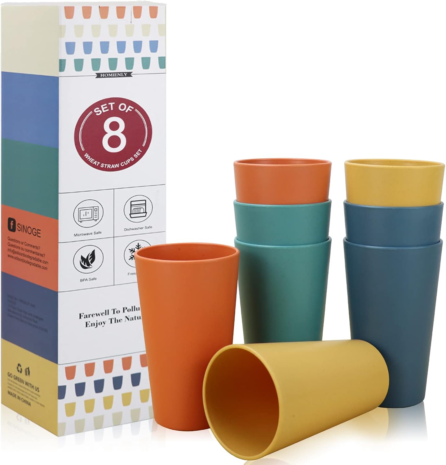 Homienly Wheat Straw Cups Plastic Cups Unbreakable Drinking Cup Reusable Dishwasher Safe Water Glasses Plastic Stackable Water Tumblers in Multi color(20 OZ 8 PCS)