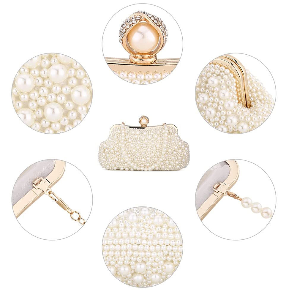 UBORSE Women Pearl Clutch Bag Noble Crystal Beaded Evening Bag Wedding Clutch with Pearl Chain