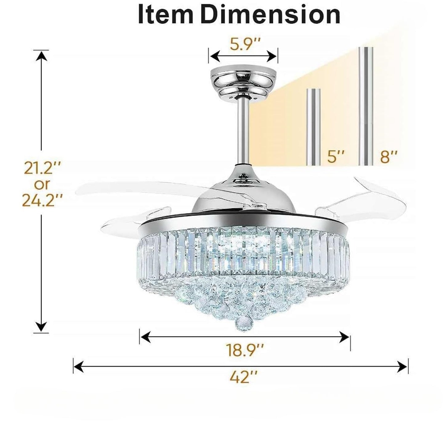 42'' Fandelier Ceiling Fans with Light, Chandelier Ceiling Fan, Retractable Crystal Ceiling Fan for Bedroom, Living Room, 3 Color Change, LED Dimmable, 6 Speeds, Reversible DC Motor-Champagne Gold