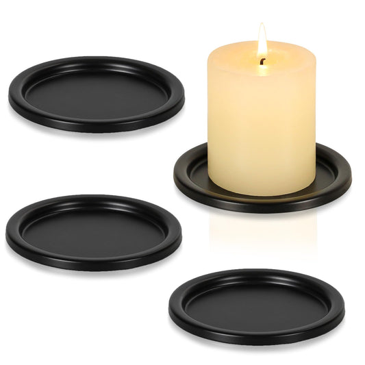 Black Iron Plate Candle Holder- Set of 4 |3.8" D x 0.2" H| Decorative Iron Pillar Candle Plate, Elegant Candle Stand for LED & Wax Candles, Incense Cones, Spa, Weddings (4 pcs)