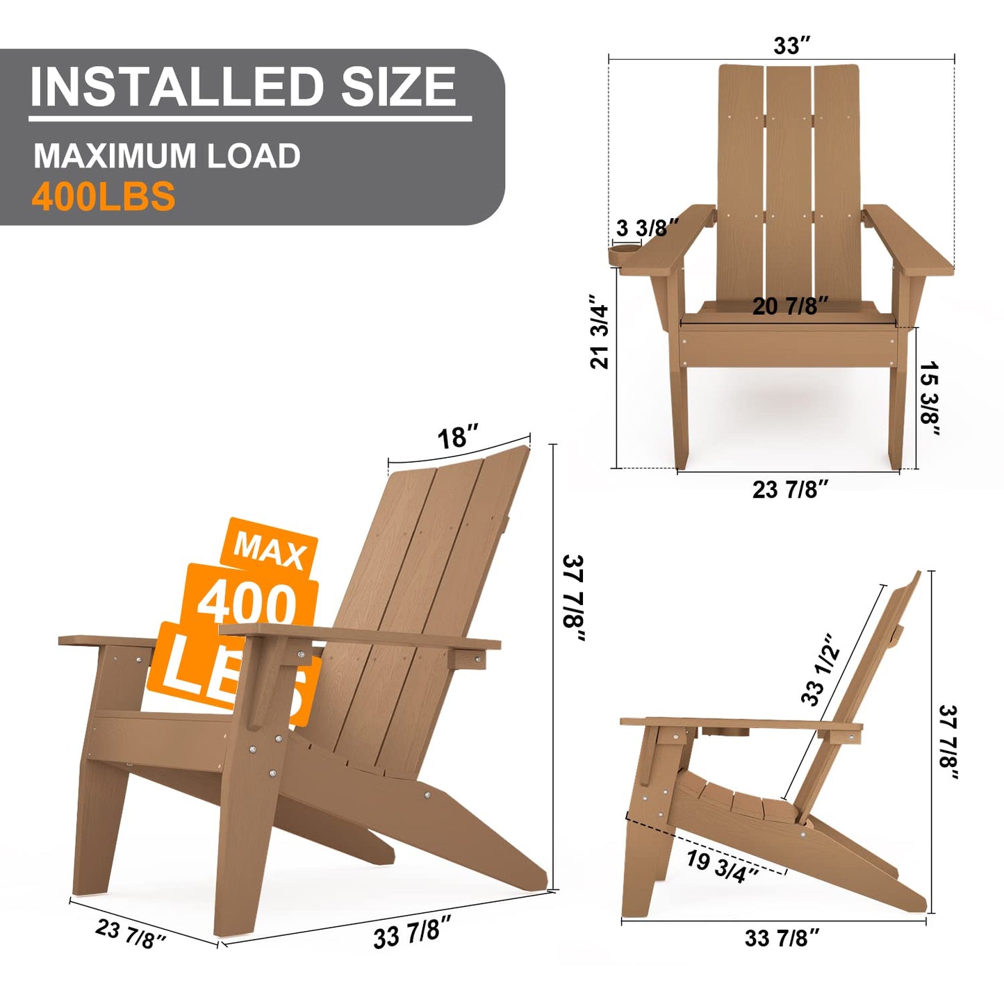 MXIMU Moderne Adirondack-Stühle, 4er-Set, wetterbeständig, mit Getränkehalter, übergroße Feuerstellenstühle aus Kunststoff, Kunststoff-Außenstühle für den Sitzbereich an der Feuerstelle (schwarz) 