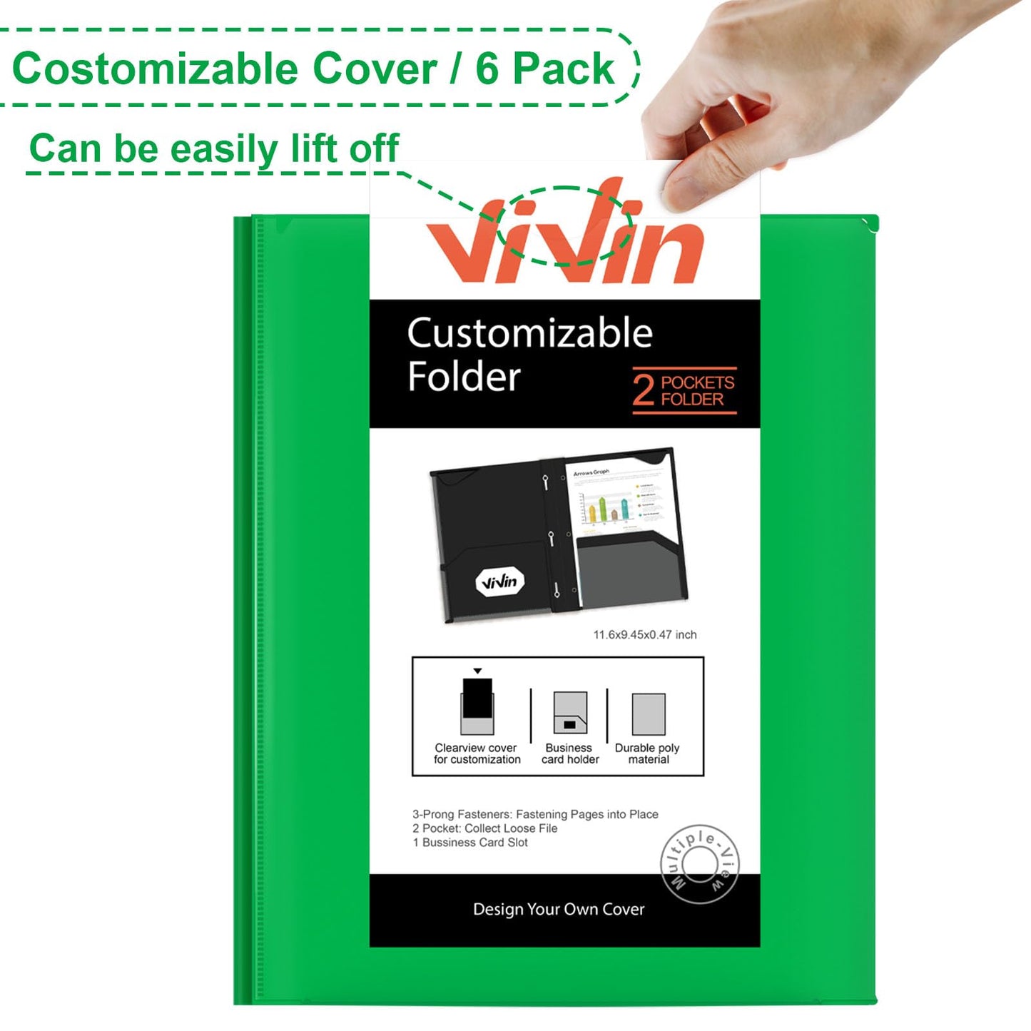 ViVin Heavyweight Plastic Folders with Pockets and Prongs, Two Pockets, Clear Front Pocket & Stay-Put Tabs, 6 Pack, Hold US Letter Size Paper, for School and Office - White