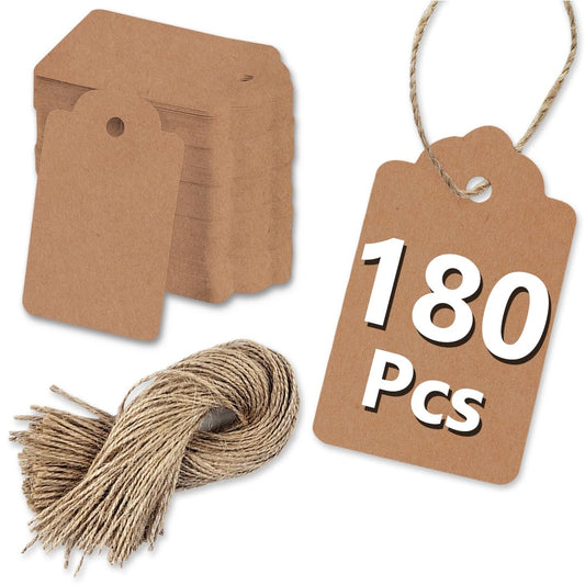 PH PERKHOMY Lot de 180 étiquettes cadeaux avec ficelle en papier kraft vierge pour étiquette de prix, sac cadeau, étiquettes suspendues, étiquetage de boîte, vêtements, artisanat, mariage, cadeaux de Noël, Halloween (marron, 180 pièces) 