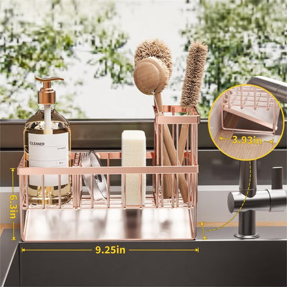 Kitchen Sink Caddy Organzier with High Brush Holder, Sponge Holder for Sink, 304 Rustproof Stainless, Kitchen Countertop Soap Dispenser Organizer, Kitchen Decor and Accessories