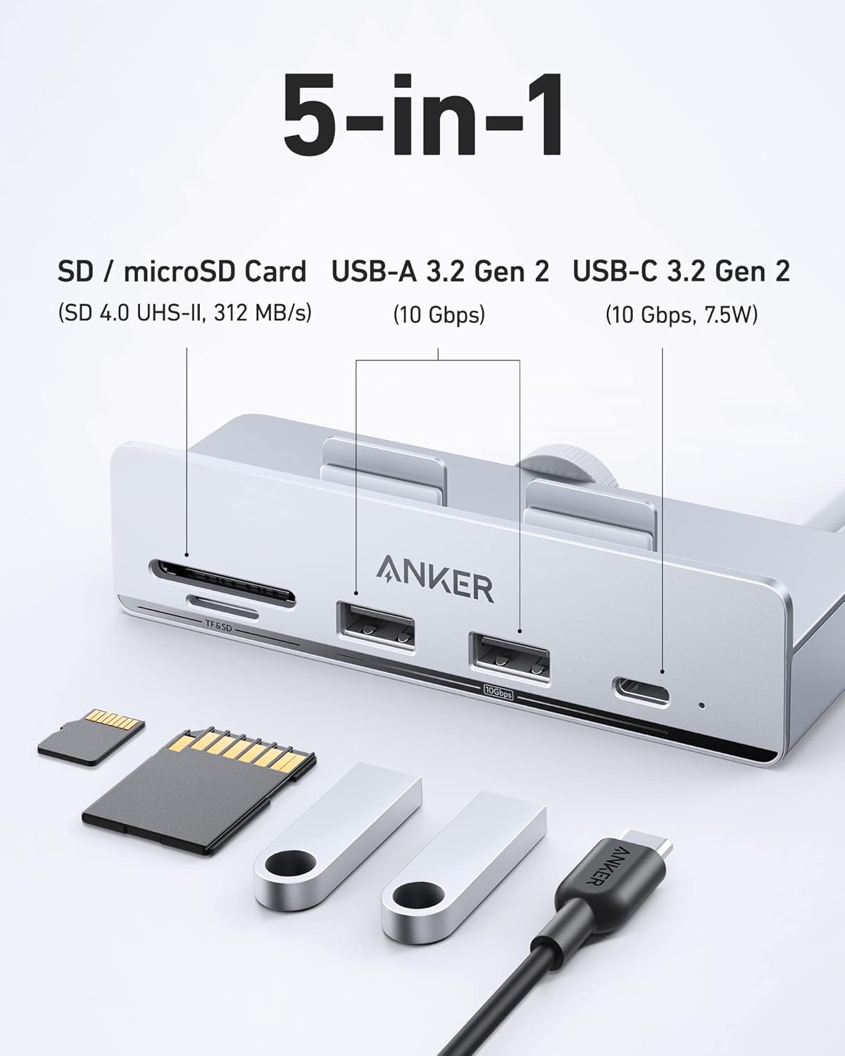 USB-C Hub 5-in-1, Dual USB-A 10Gbps, USB-C Data Port, SD & microSD Card Reader, iMac Compatible