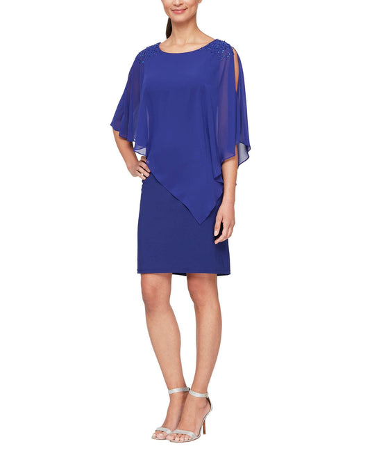 S.L. Fashions Women's Short Sheath Capelet Gown with Asymmetric Overlay, Mother of The Bride Dress (Petite and Regular Sizes)