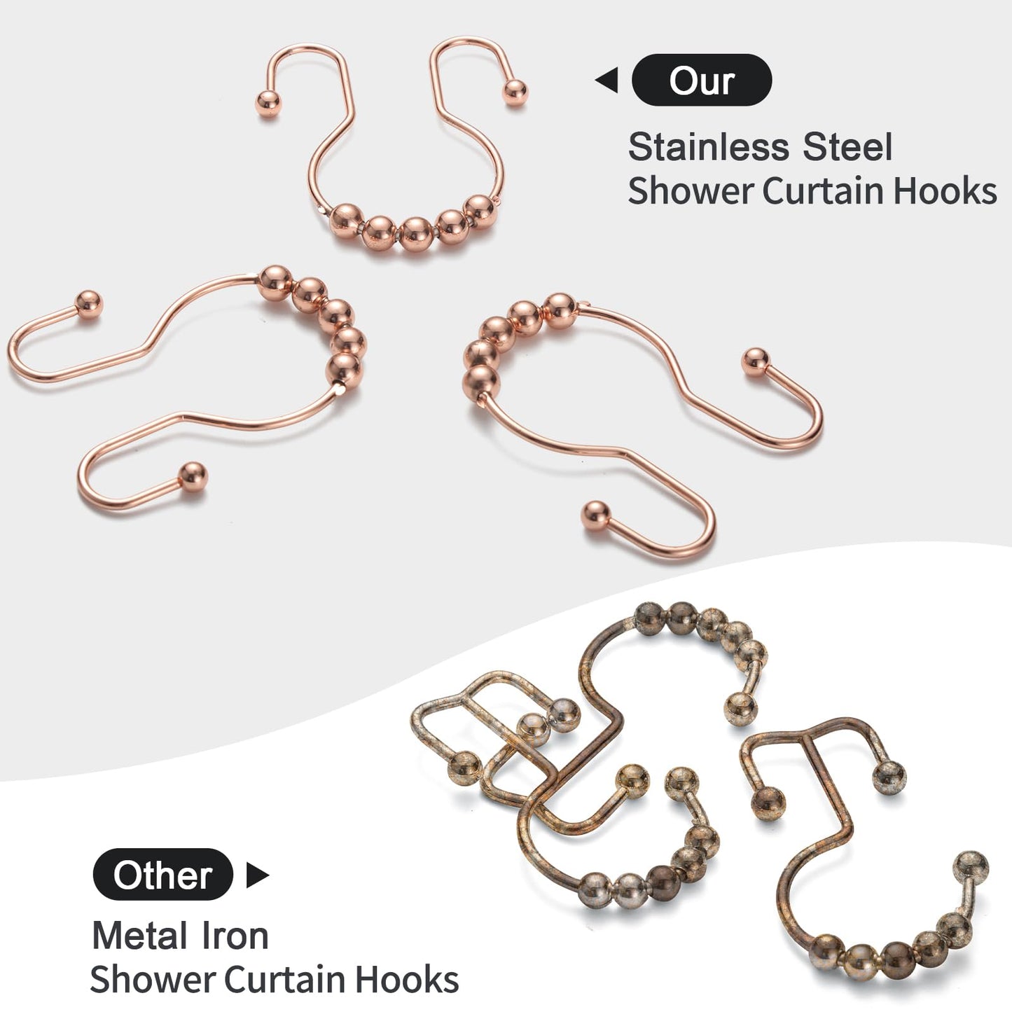 Goowin Shower Curtain Hooks, 12 Pcs Shower Curtain Rings, Stainless Steel Bronze Shower Curtain Hooks Rings Rust Proof, Balance Sliding Anti-Drop Double Shower Hooks for Shower Curtain Rod (Bronze)