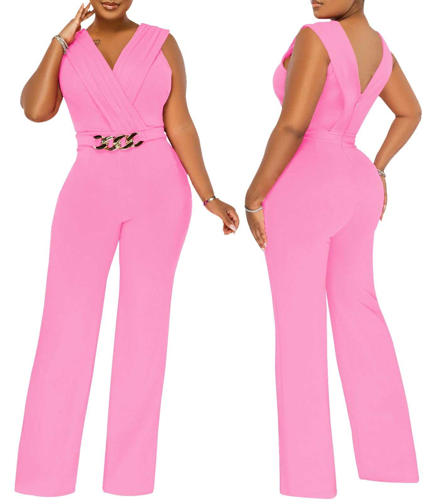 Women's Summer Formal Dressy Jumpsuits Elegant V Neck Sleeveless Party Rompers Stretchy Wrap Wide Leg Long Pants Clubwear